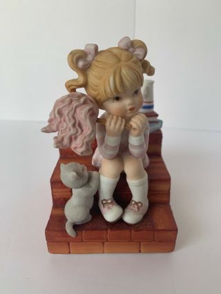 Enesco Music Box Girl And Cat On Stairs 4.  5 " Tall