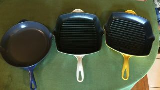 3 Vintage Le Creuset Enameled Cast Iron Skillets/grill 26.  99 Starting Bid