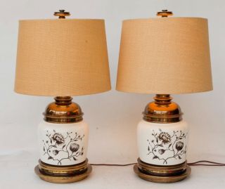 Rare Vintage Mid Century Stiffel Porcelain & Brass Lamps Floral Design