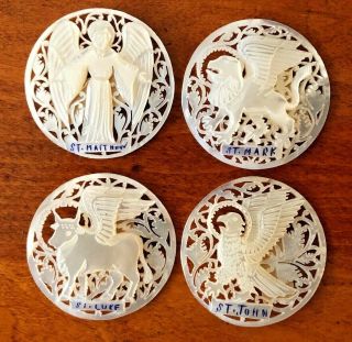 Gorgeous Set Of 4 Vintage Bethlehem Pearl Shell Hand Carved Buttons,  Evangelists