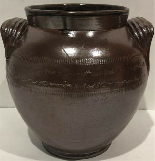 Unusual Antique Brown Slip Glaze Ovoid Stoneware Crock Jar W/ Incised Decoration