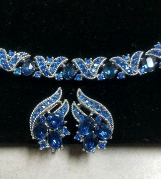 Vintage Trifari Signed Necklace & Earrings Set Blue Rhinestones Rare