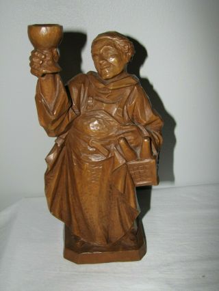 German Bergmann Oberammergau Carved Wood Monk Friar W/ Goblet & Wine Basket 10 "