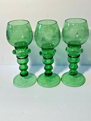 Antique German Emerald Etched Roemer Rhine Wine Goblets 19th Century,  Set Of 3