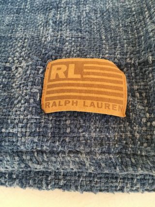 Vtg Ralph Lauren TWIN Bed Blanket.  Heavy Loose Weave Cotton.  Blues.  Leather Logo 2