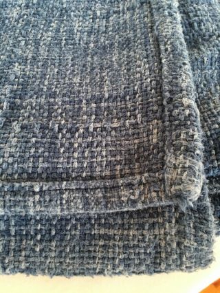 Vtg Ralph Lauren TWIN Bed Blanket.  Heavy Loose Weave Cotton.  Blues.  Leather Logo 3