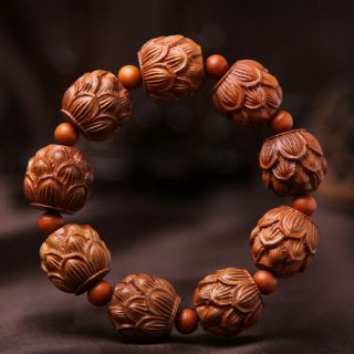 Lotus Buddha Prayer Beads Chinese Wood Carving Sculpture Bracelet Hand Strings