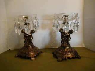2 Vintage Brass Cherubs Candle Holders 8 Pin Bobeche & Crystal Dangles