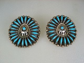 Big Vintage Navajo Sterling Silver & Needlepoint Turquoise Cluster Earrings