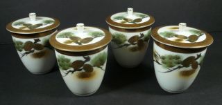 Vintage Set Of 4 Japanese Tea Cups With Lids Gold Hand Painted Pine Cone Branch