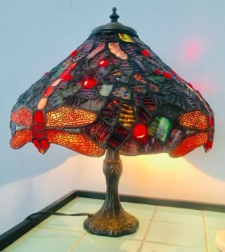 Antique Tiffany Style Table Lamp Stained Glass Dragonfly Light Lamp