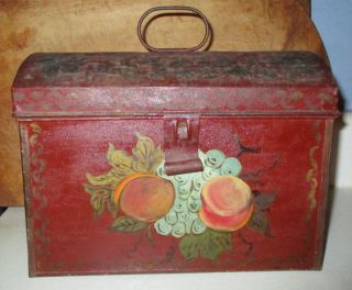 Antique 19th C Hand Painted Tin Folk Art Toleware Box With Handle