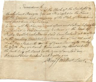 Revolutionary War Document Smithfield & Cumberland Rangers 1781 Rhode Island