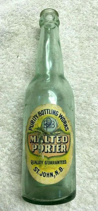 Very Rare St Saint John Nb Brunswick Beer Bottle Purity Malted Porter Canada