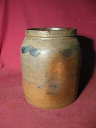Antique Small 1/2 Gallon Blue Decorated Stoneware Jar