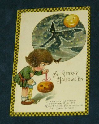 Vintage Halloween German Postcard Embossed Witch Pumpkin W/ Child Bavaria Marked