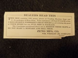 1911 Zeno Chewing Gum Wrigley Chewing Gum Co.  Box Label