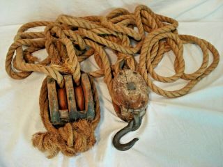 Antique Country Cast Iron Hook Wood Block Pulleys With Rope Art Rustic