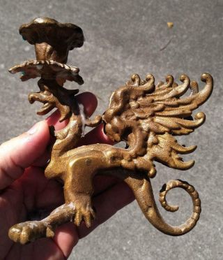 Old Antique Gothic Cast Iron Griffin Winged Lion Candlestick Candle Holder Art