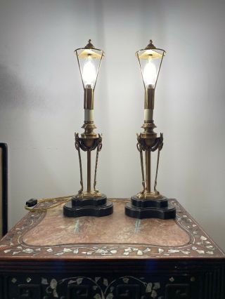 Vintage Brass Candlesticks Table Buffet Lamps Pair Colonial 17”