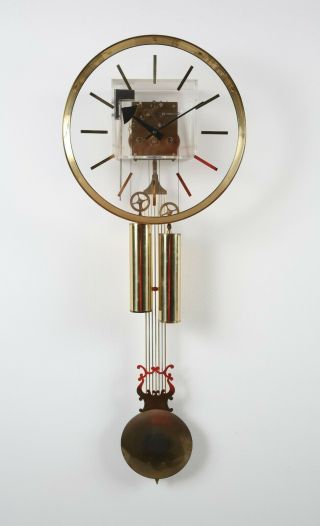 Howard Miller Lucite Brass Mid Century Wall Clock Chimes Pendulum With Key