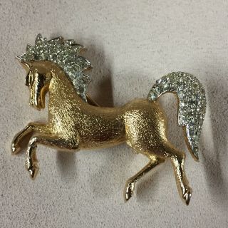Vintage Rare Signed Jomaz Mazer Rhinestone Gold Tone Horse Brooch Pin