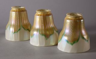Set Of 3 Matching Antique Quezal Pulled Feather Art Glass Shades Tiffany Style