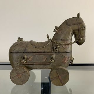 Antique Wooden Trojan Horse On Wheels With Copper Fittings And Storage Space