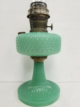 Vintage Aladdin Jade Jadeite Green Quilt Pattern Oil Kerosene Lamp With Chimney
