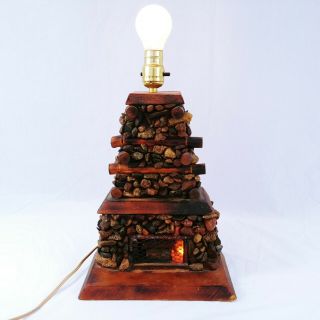 Folk Art Lamp Fireplace Stone Northwoods Rock Wood Cabin Decor Vintage