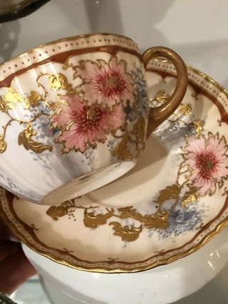 Antique Royal Doulton Raised Gold Gilt Pink Flower Teacup Saucer Handpainted