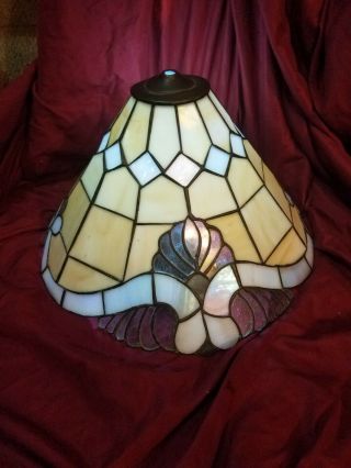 Vintage Tiffany Style Leaded Stained Glass Lamp Shade 13.  5 " X15 " W 9 " H Shade Only