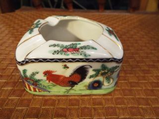 Antique Vintage Hand Painted Chinese Rooster Bird Ashtray Match Holder Nr