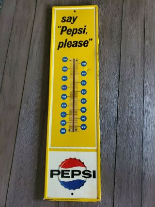 Vintage Say Pepsi Please Old Bottle Cap Script Logo Tin Thermometer Sign 27”