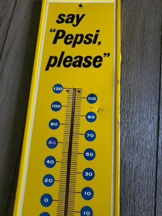 Vintage SAY PEPSI PLEASE Old Bottle Cap Script Logo Tin Thermometer Sign 27” 3