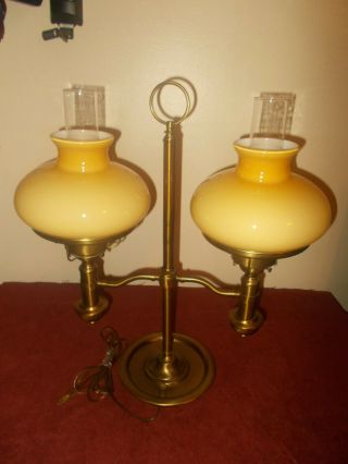 Vintage Double Arm Brass Bronze Table Lamp W/ Butter Glass Shades Hurricane