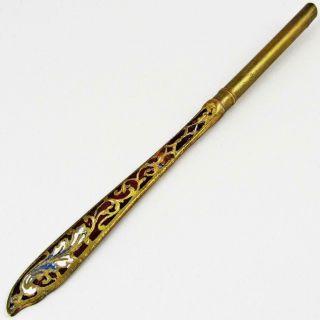 Antique 19th Century French Bronze & Champleve Enamel Inlaid Handle Desk Dip Pen