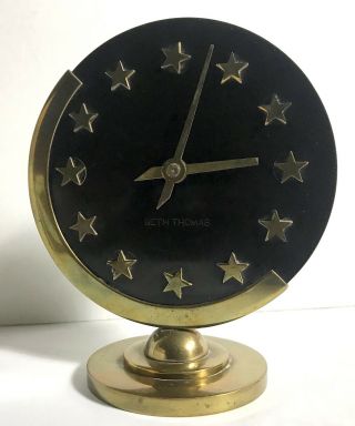 1930’s Art Deco Seth Thomas 8 Day Desk Clock Round Bakelite Disc W/brass Stars