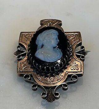 Antique Victorian Rose Gold Filled Cameo Brooch Carved Onyx Scroll Work 2