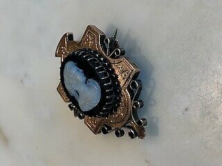 Antique Victorian Rose Gold Filled Cameo Brooch Carved Onyx Scroll Work 3