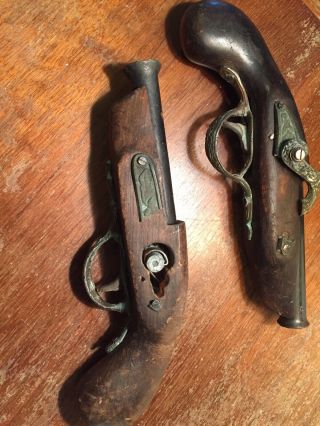 A Pair (2) Antique Flintlock Pistol Non - Firing Collectible For Parts/dispay