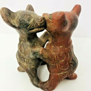 Vintage Colima Dancing Dogs Mexico Folk Art Pottery Statue 7 " Incised Hand Made