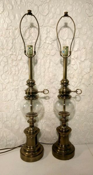 Stiffel Brass Clear Glass Ball Table Lamp Lantern Style Base Switch Regency Pair