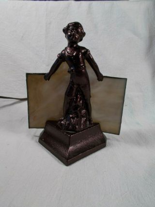 Victorian Boy Figural Parlor Table Lamp Cast Iron Wslag Shade 7&1/4int C1900s