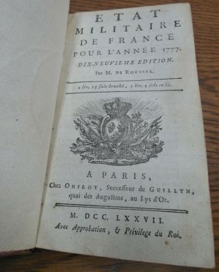 Revolutionary War book French military directory for the year 1777,  Rochambeau 3