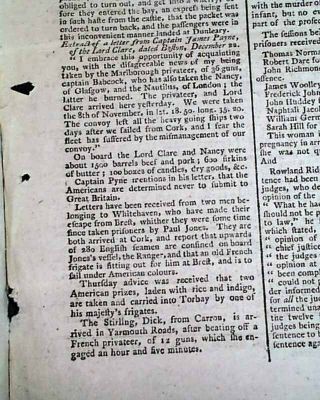 Rare John Paul Jones Mention In Revolutionary War Era 1779 Old Enemy Newspaper