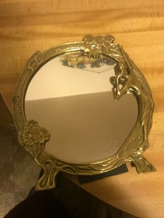 Vintage Art Nouveau Semi - Nude Lady Brass Framed Mirror