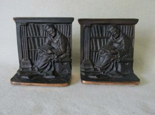 Antique Arts & Crafts Cast Iron Bookends Of A Gentleman In Library