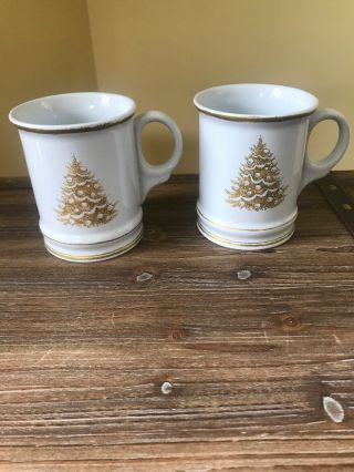 Set Of 2 Williams Sonoma Gold Christmas Tree Coffee Tea Cocoa Mugs Euc