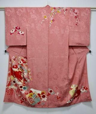 Japanese Kimono Silk Antique Houmongi / Embroidery Flower / Vintage /684